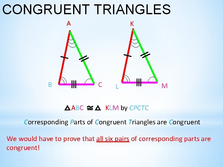 CONGRUENT TRIANGLES A K B C ABC L M KLM by CPCTC Corresponding Parts CONGRUENT TRIANGLES A K B C ABC L M KLM by CPCTC Corresponding Parts