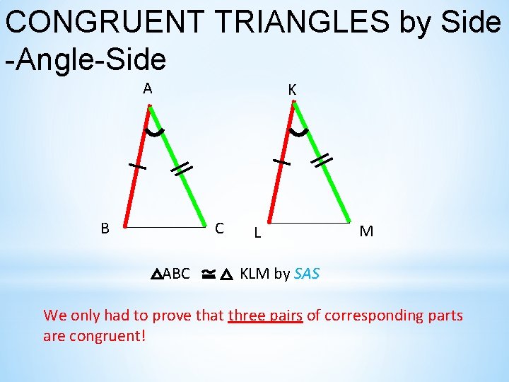 CONGRUENT TRIANGLES by Side -Angle-Side A K B C ABC L M KLM by CONGRUENT TRIANGLES by Side -Angle-Side A K B C ABC L M KLM by