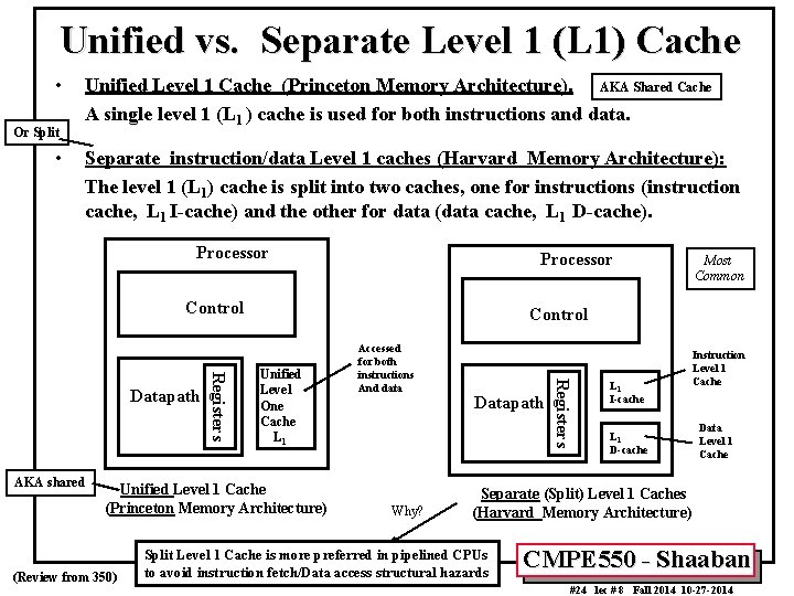 Unified vs. Separate Level 1 (L 1) Cache • Or Split • Unified Level