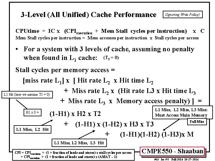 3 -Level (All Unified) Cache Performance (Ignoring Write Policy) CPUtime = IC x (CPIexecution