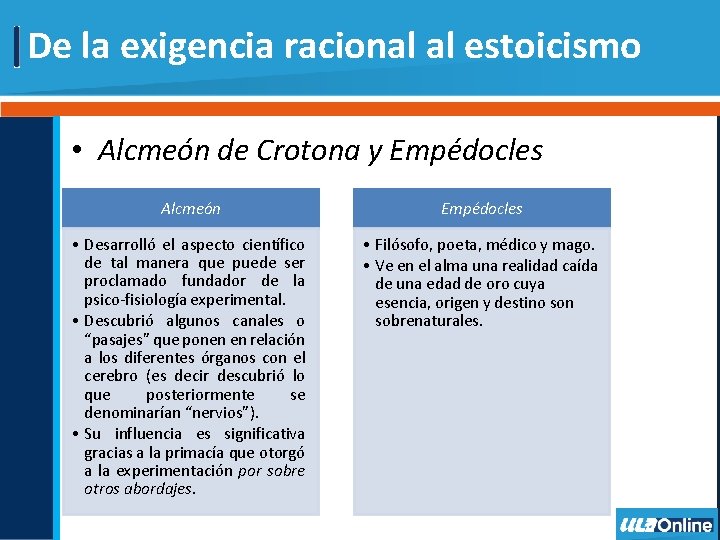 De la exigencia racional al estoicismo • Alcmeón de Crotona y Empédocles Alcmeón Empédocles De la exigencia racional al estoicismo • Alcmeón de Crotona y Empédocles Alcmeón Empédocles