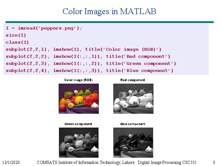 Color Images in MATLAB I = imread(’peppers. png’); size(I) class(I) subplot(2, 2, 1), imshow(I),