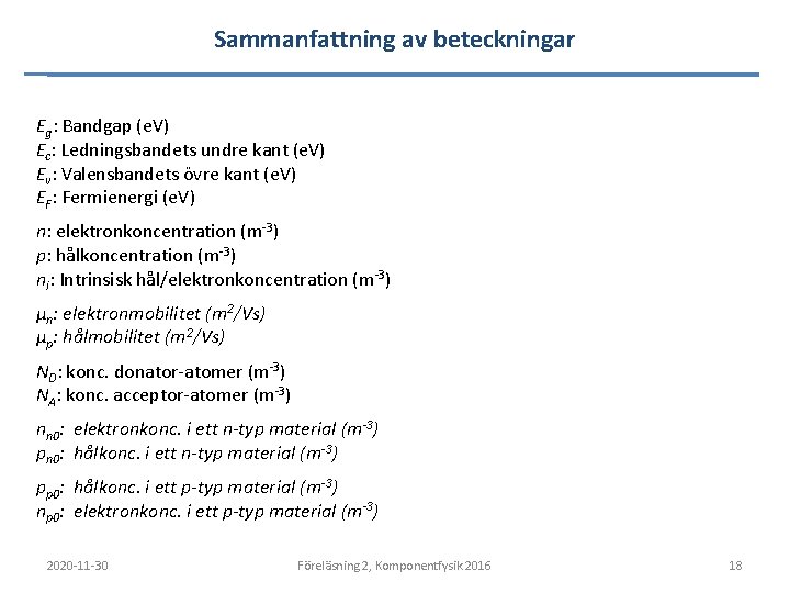 Sammanfattning av beteckningar Eg: Bandgap (e. V) Ec: Ledningsbandets undre kant (e. V) Ev: Sammanfattning av beteckningar Eg: Bandgap (e. V) Ec: Ledningsbandets undre kant (e. V) Ev: