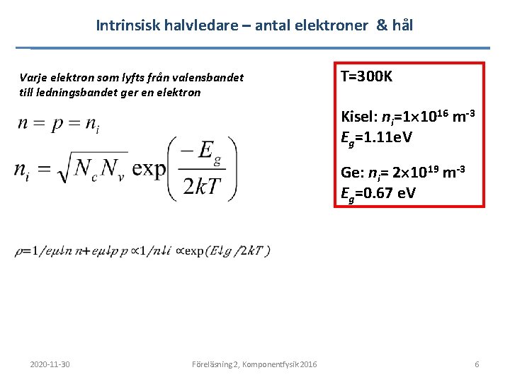 Intrinsisk halvledare – antal elektroner & hål Varje elektron som lyfts från valensbandet till Intrinsisk halvledare – antal elektroner & hål Varje elektron som lyfts från valensbandet till