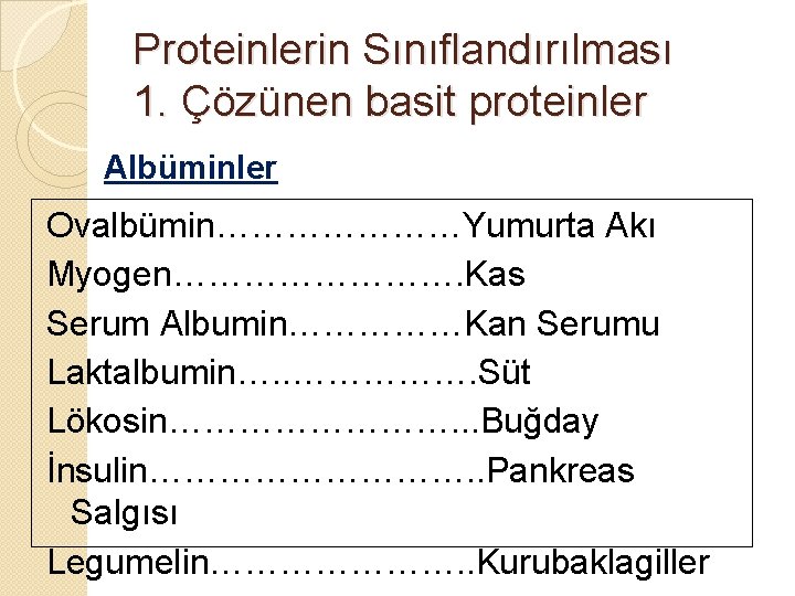 Proteinlerin Sınıflandırılması 1. Çözünen basit proteinler Albüminler Ovalbümin…………………Yumurta Akı Myogen…………. Kas Serum Albumin……………Kan Serumu