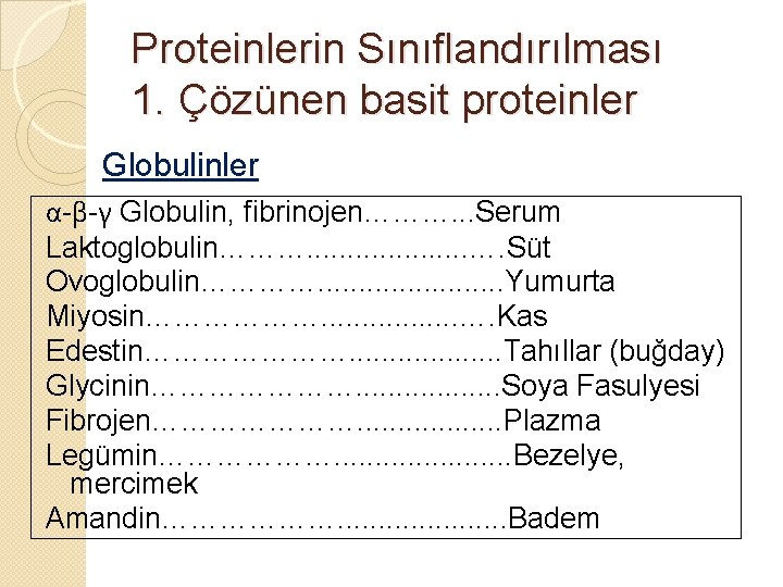 Proteinlerin Sınıflandırılması 1. Çözünen basit proteinler Globulinler α-β-γ Globulin, fibrinojen………. . . Serum Laktoglobulin……….