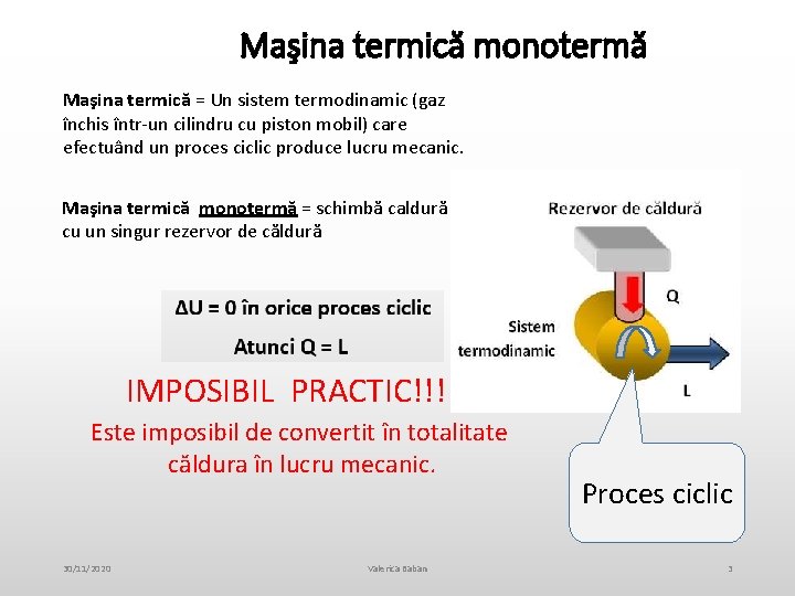 Maşina termică monotermă Maşina termică = Un sistem termodinamic (gaz închis într-un cilindru cu