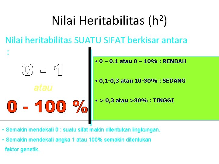 Nilai Heritabilitas (h 2) Nilai heritabilitas SUATU SIFAT berkisar antara : • 0 –