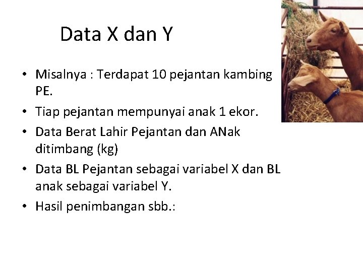 Data X dan Y • Misalnya : Terdapat 10 pejantan kambing PE. • Tiap