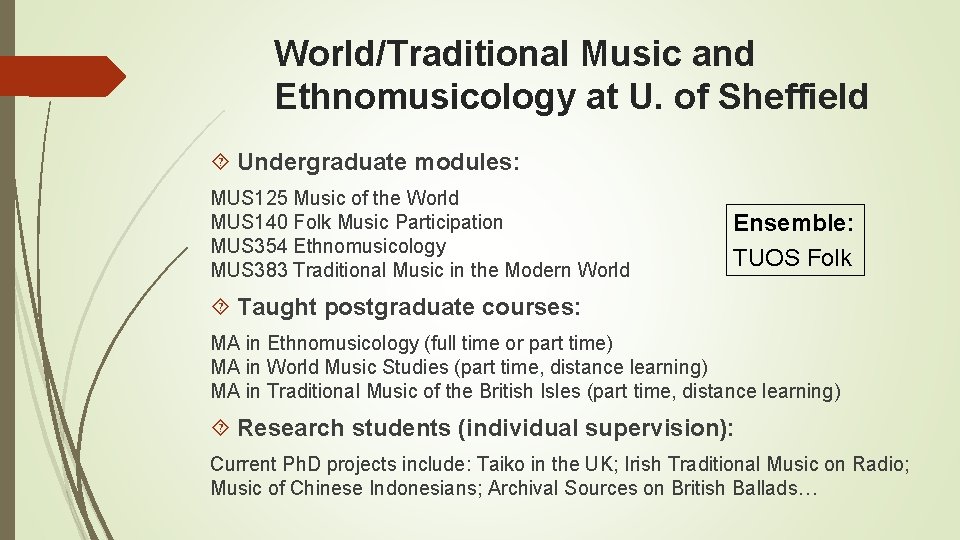 World/Traditional Music and Ethnomusicology at U. of Sheffield Undergraduate modules: MUS 125 Music of