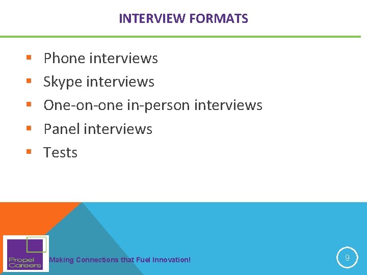 INTERVIEW FORMATS § § § Phone interviews Skype interviews One-on-one in-person interviews Panel interviews INTERVIEW FORMATS § § § Phone interviews Skype interviews One-on-one in-person interviews Panel interviews