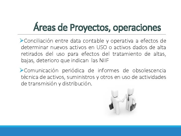 Áreas de Proyectos, operaciones ØConciliación entre data contable y operativa a efectos de determinar