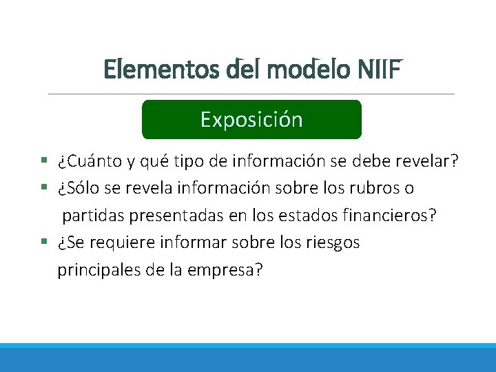 Elementos del modelo NIIF Exposición § ¿Cuánto y qué tipo de información se debe