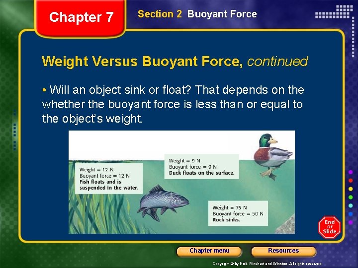 Chapter 7 Section 2 Buoyant Force Weight Versus Buoyant Force, continued • Will an