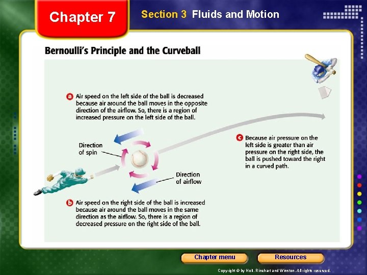 Chapter 7 Section 3 Fluids and Motion Chapter menu Resources Copyright © by Holt,