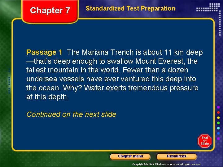 Chapter 7 Standardized Test Preparation Passage 1 The Mariana Trench is about 11 km