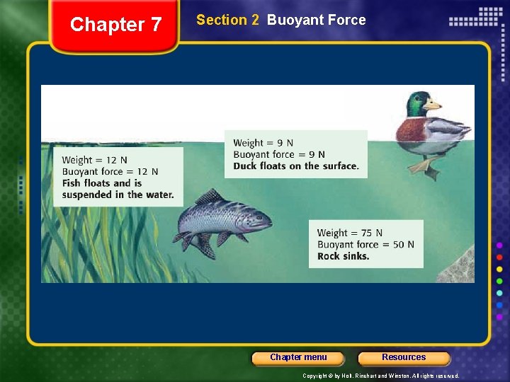 Chapter 7 Section 2 Buoyant Force Chapter menu Resources Copyright © by Holt, Rinehart