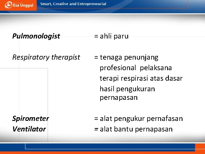 Pulmonologist = ahli paru Respiratory therapist = tenaga penunjang profesional pelaksana terapi respirasi atas