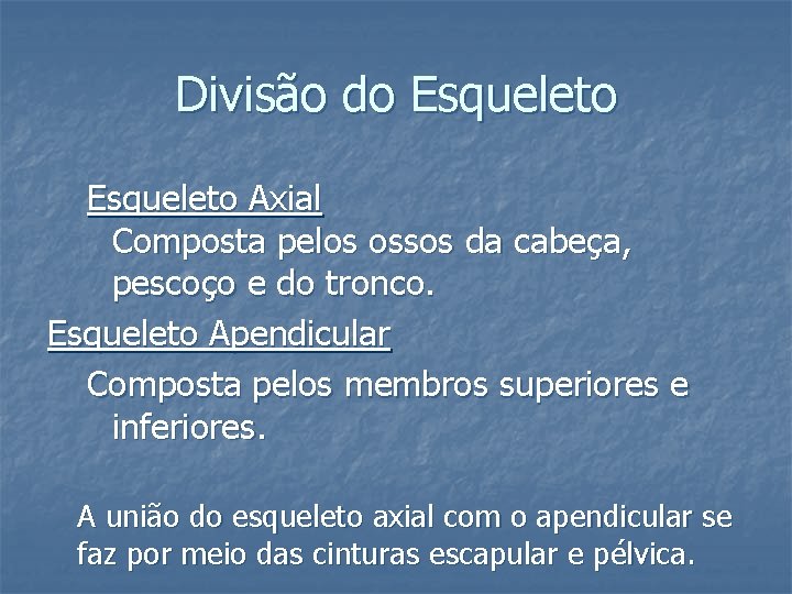 Divisão do Esqueleto Axial Composta pelos ossos da cabeça, pescoço e do tronco. Esqueleto