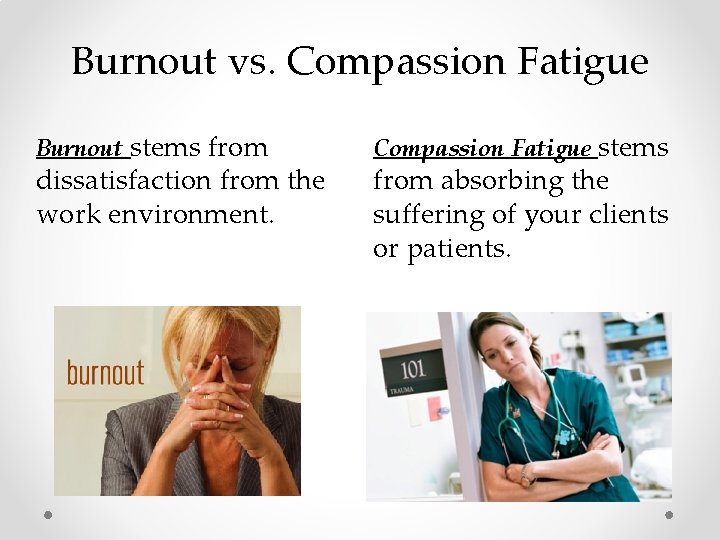 Burnout vs. Compassion Fatigue Burnout stems from dissatisfaction from the work environment. Compassion Fatigue Burnout vs. Compassion Fatigue Burnout stems from dissatisfaction from the work environment. Compassion Fatigue