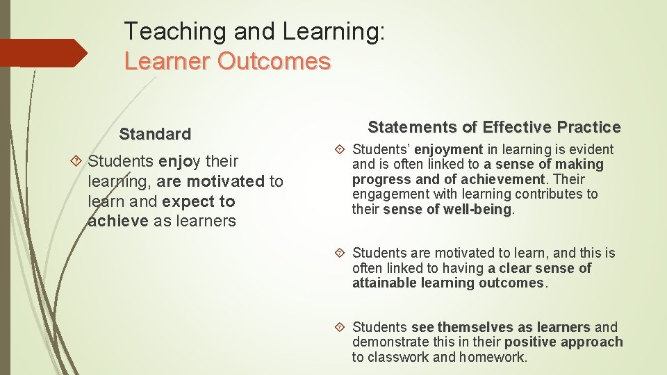 Teaching and Learning: Learner Outcomes Standard Students enjoy their learning, are motivated to learn