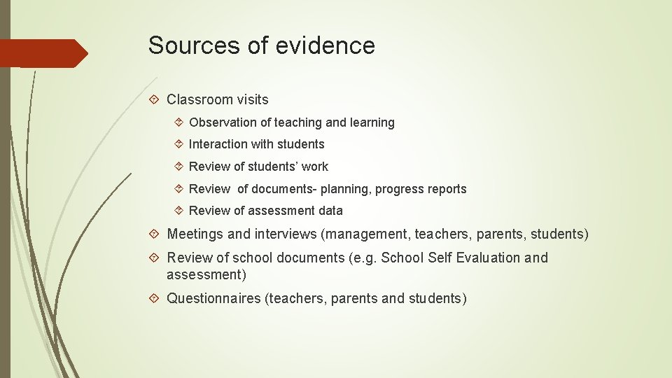 Sources of evidence Classroom visits Observation of teaching and learning Interaction with students Review Sources of evidence Classroom visits Observation of teaching and learning Interaction with students Review