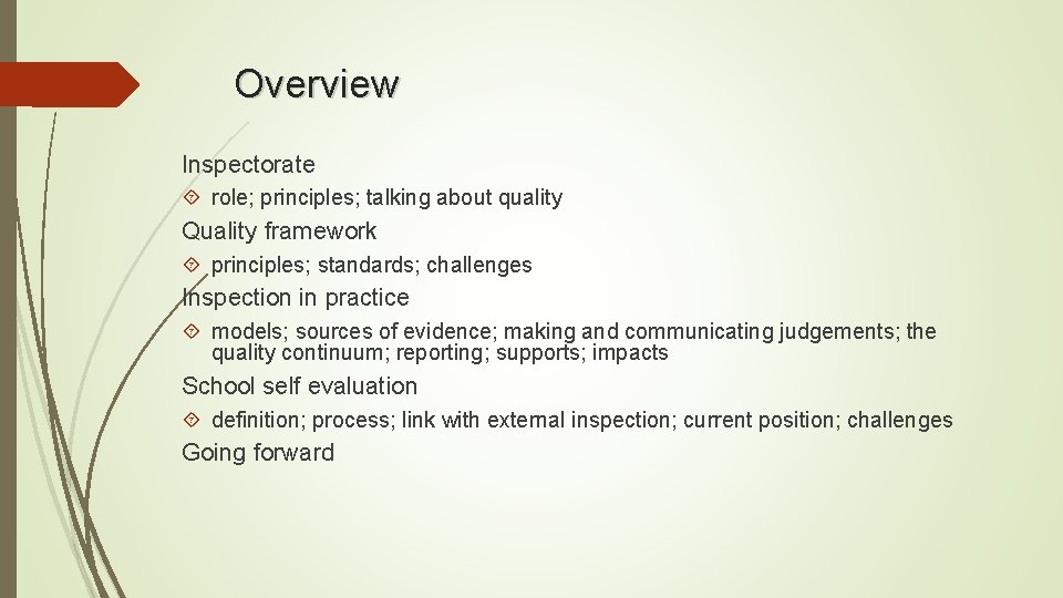 Overview Inspectorate role; principles; talking about quality Quality framework principles; standards; challenges Inspection in