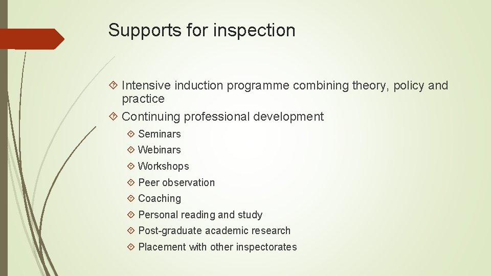 Supports for inspection Intensive induction programme combining theory, policy and practice Continuing professional development