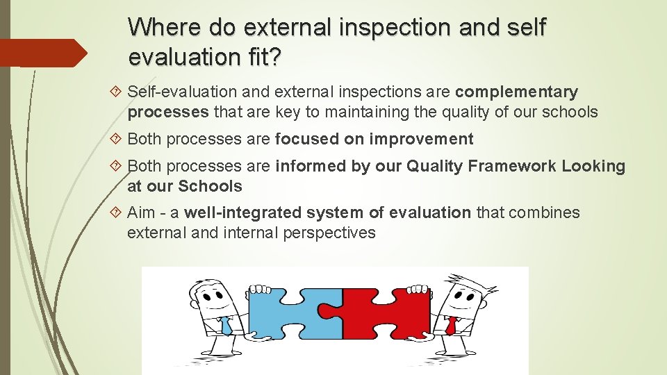Where do external inspection and self evaluation fit? Self-evaluation and external inspections are complementary