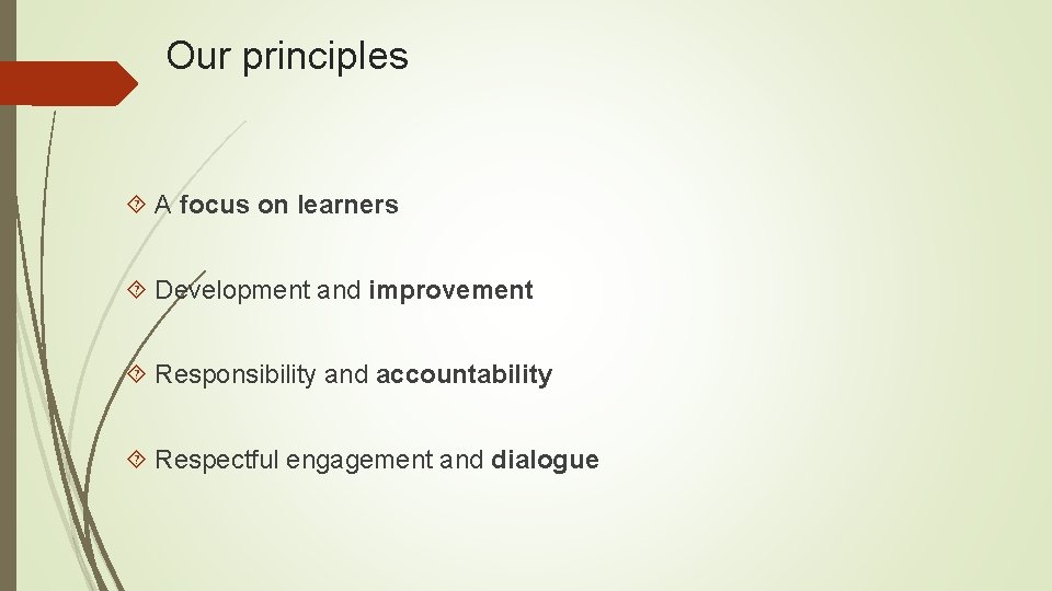 Our principles A focus on learners Development and improvement Responsibility and accountability Respectful engagement