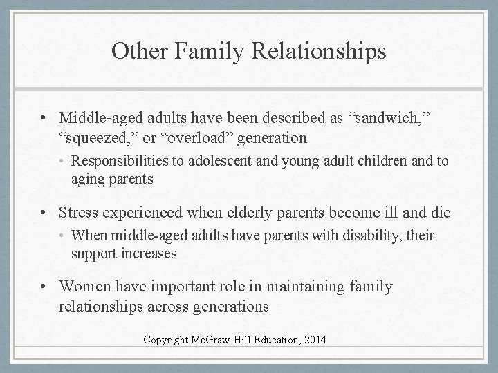 Other Family Relationships • Middle-aged adults have been described as “sandwich, ” “squeezed, ”