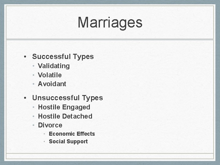 Marriages • Successful Types • Validating • Volatile • Avoidant • Unsuccessful Types •