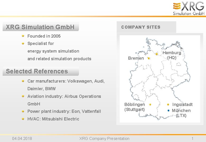 XRG Simulation Gmb. H COMPANY SITES Founded in 2005 Specialist for energy system simulation