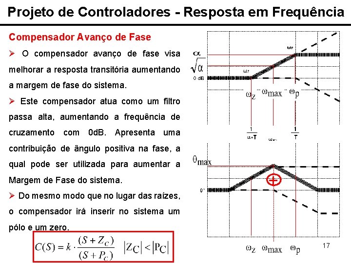 Projeto de Controladores - Resposta em Frequência Compensador Avanço de Fase Ø O compensador