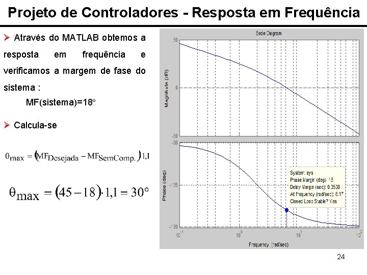 Projeto de Controladores - Resposta em Frequência Ø Através do MATLAB obtemos a resposta