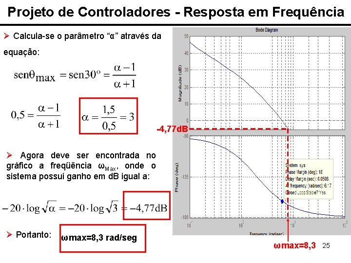 Projeto de Controladores - Resposta em Frequência Ø Calcula-se o parâmetro “α” através da