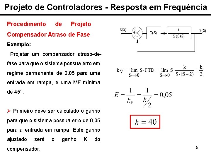 Projeto de Controladores - Resposta em Frequência Procedimento de Projeto Compensador Atraso de Fase