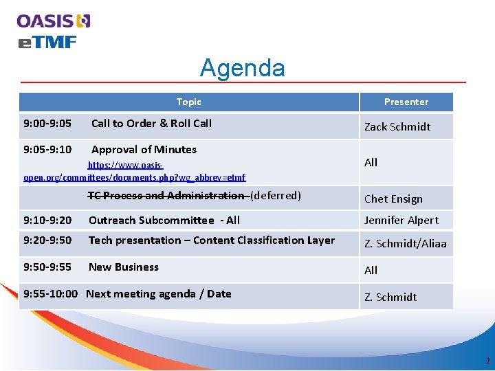 Agenda Topic 9: 00 -9: 05 Call to Order & Roll Call 9: 05