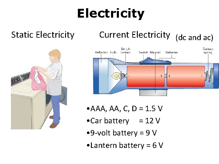Electricity Static Electricity Current Electricity (dc and ac) • AAA, C, D = 1.