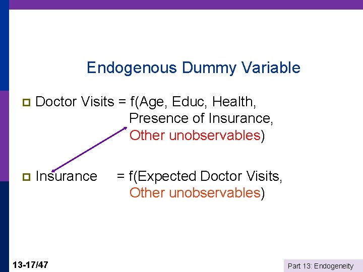 Endogenous Dummy Variable p Doctor Visits = f(Age, Educ, Health, Presence of Insurance, Other