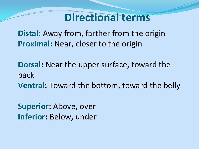 Directional terms Distal: Away from, farther from the origin Proximal: Near, closer to the