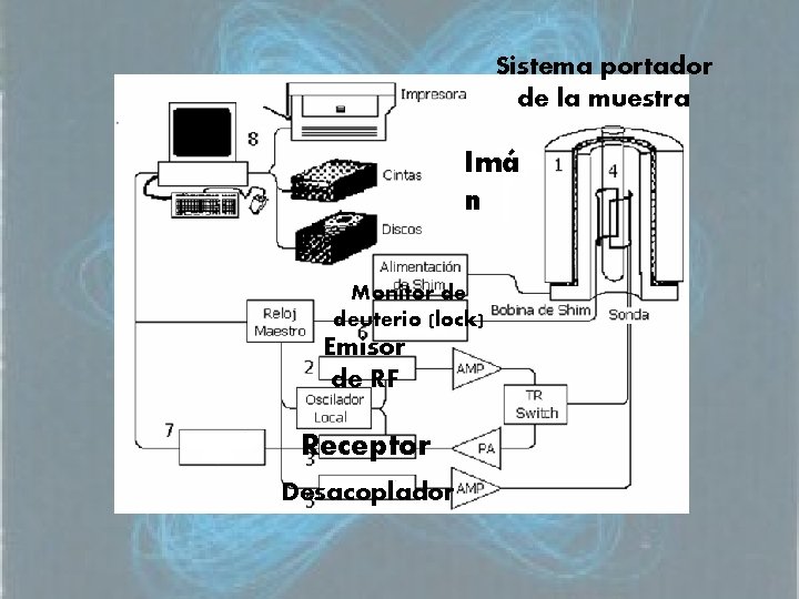 Sistema portador de la muestra Imá n Monitor de deuterio (lock) Emisor de RF