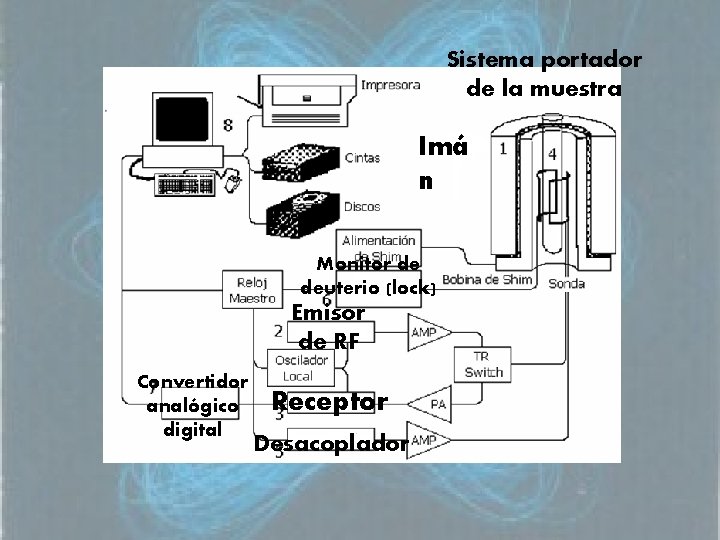Sistema portador de la muestra Imá n Monitor de deuterio (lock) Emisor de RF