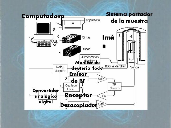 Sistema portador de la muestra Computadora Imá n Monitor de deuterio (lock) Emisor de