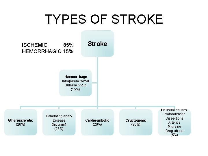 TYPES OF STROKE ISCHEMIC 85% HEMORRHAGIC 15% Stroke Haemorrhage Intraparenchymal Subarachnoid (15%) Atherosclerotic (20%)