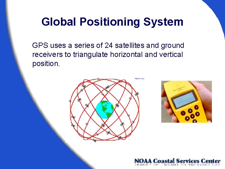 Global Positioning System GPS uses a series of 24 satellites and ground receivers to