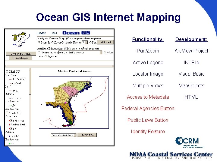 Ocean GIS Internet Mapping Functionality: Development: Pan/Zoom Arc. View Project Active Legend INI File