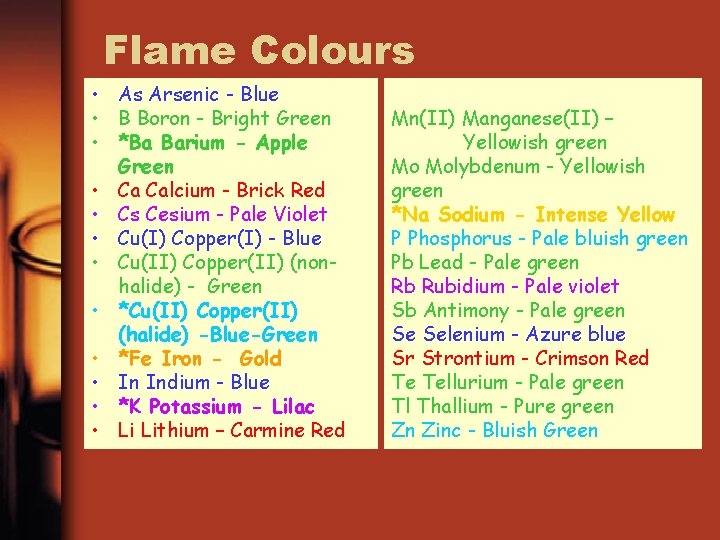 Flame Colours • As Arsenic - Blue • B Boron - Bright Green •