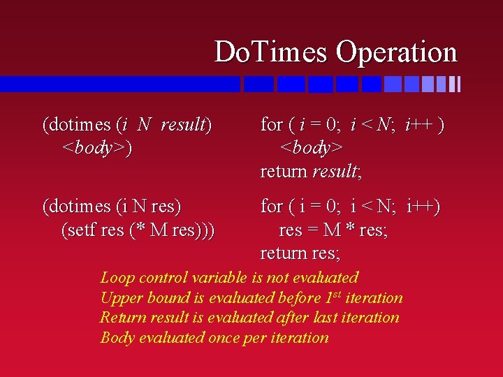 Do. Times Operation (dotimes (i N result) <body>) for ( i = 0; i