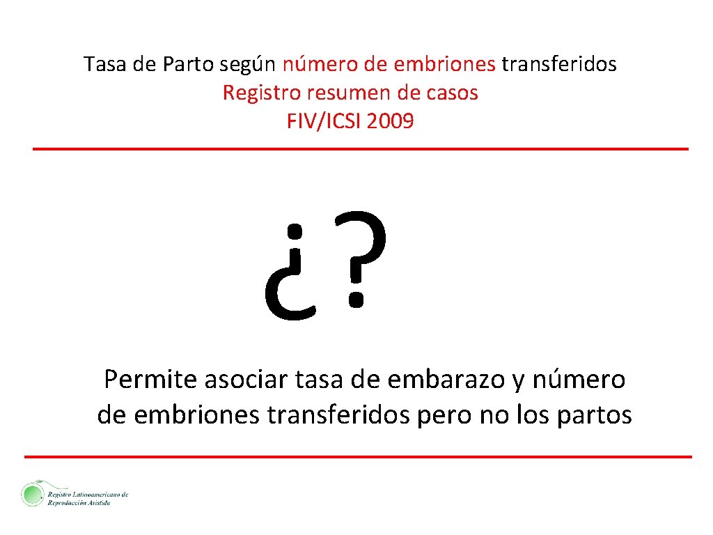 Tasa de Parto según número de embriones transferidos Registro resumen de casos FIV/ICSI 2009